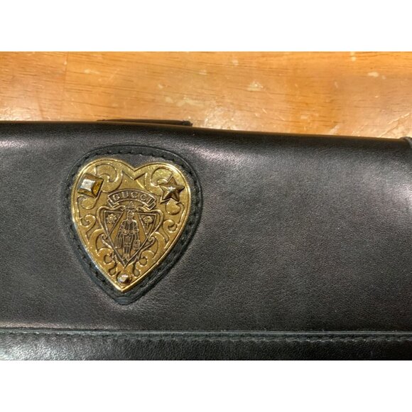 Gucci Babouska Black Leather Wallet Coin Purse Gold Heart - Picture 2 of 6